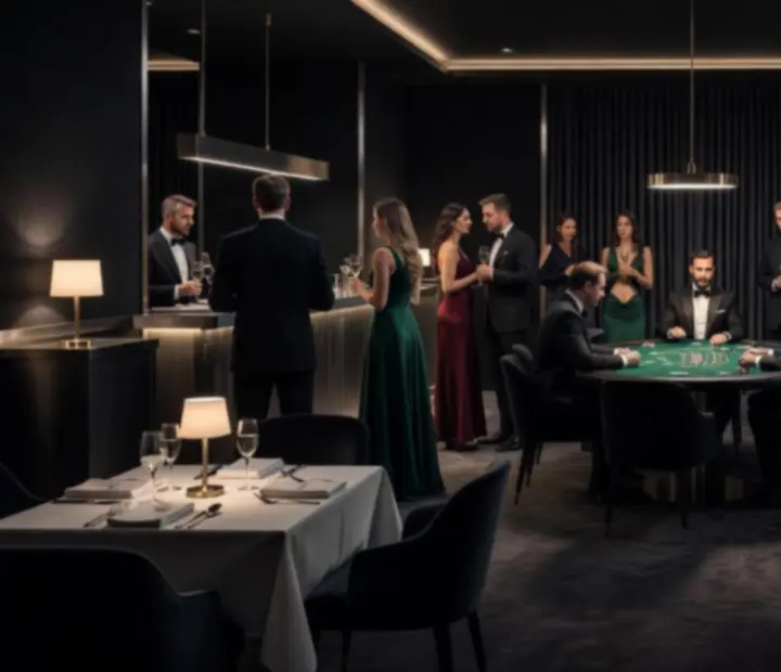 Večerná atmosféra reštaurácie Noble Gala s tlmeným zlatým svetlom