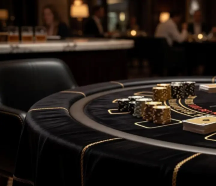 Detail blackjack stola s kartami a žetónmi v Noble Gala