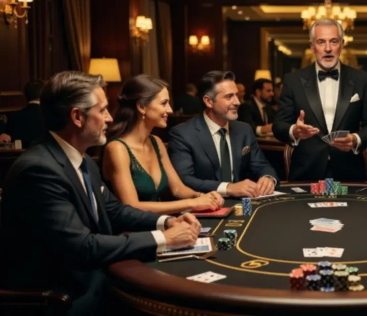 Hostia pri pokerovom stole počas vysvetľovania pravidiel