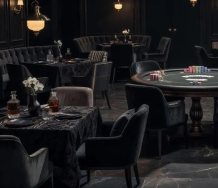 Tmavá noblesná reštaurácia s pokerovým stolom