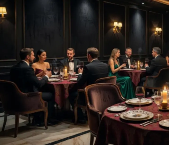 Noblesná večerná atmosféra reštaurácie Noble Gala s tlmeným osvetlením a elegantným prestieraním
