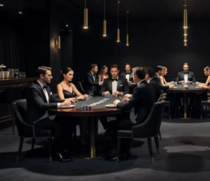 Tmavý noblesný interiér reštaurácie s večernou pokerovou atmosférou