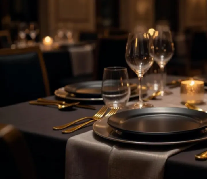 Večerné prestretie stola v Noble Gala so sviečkami a elegantným sklom